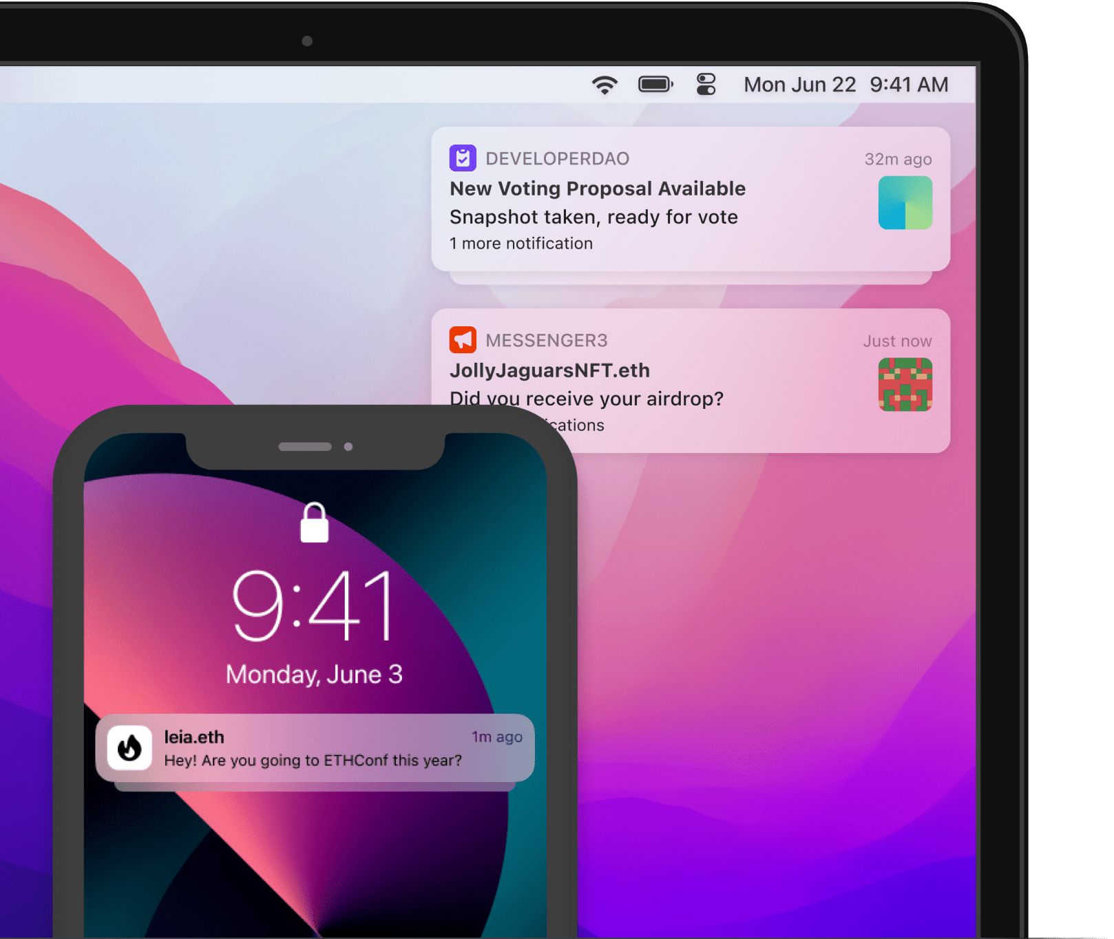 Laptop and mobile device screens showing alerts, announcements, and direct messages enabled by building apps with XMTP