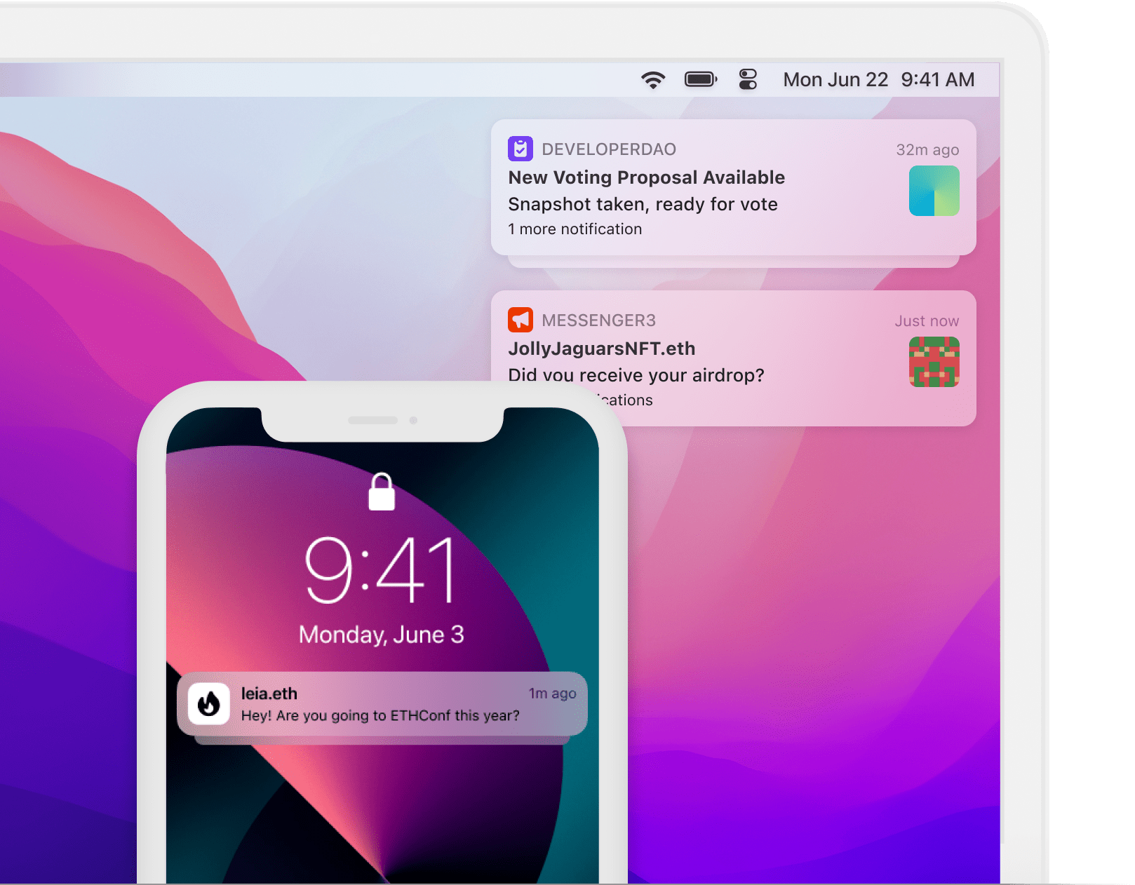 Laptop and mobile device screens showing alerts, announcements, and direct messages enabled by building apps with XMTP
